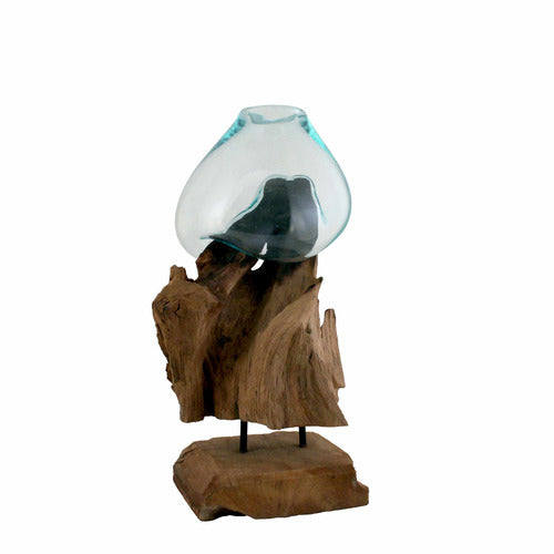 12" Tall Molten Glass and Teak Wood Sculpture