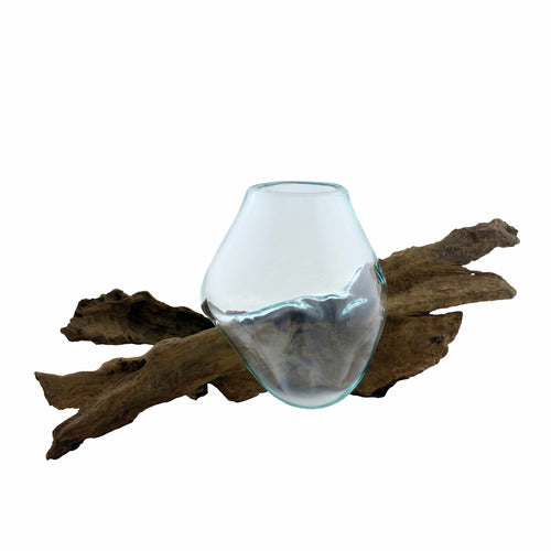 30cm Molten Glass Bowl on Teak Wood Base