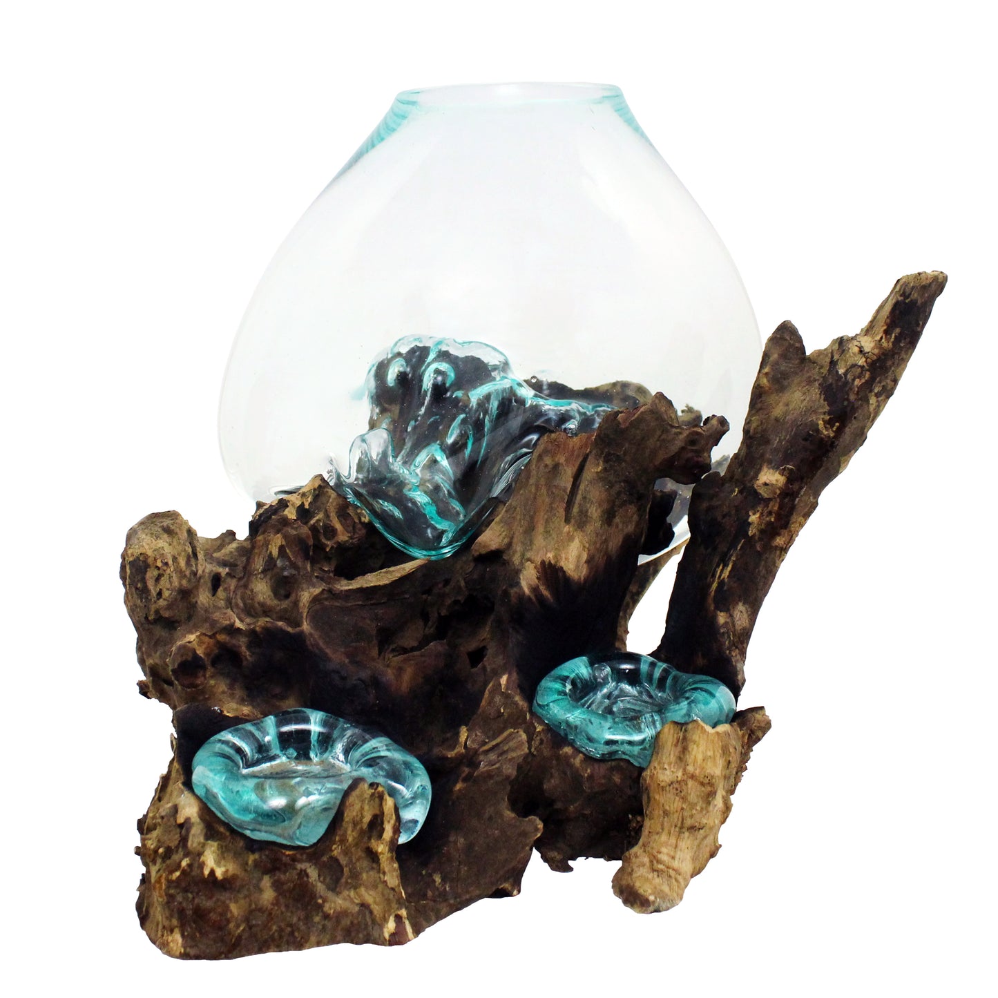 Molten Glass Vessel on Gamal Root with 2 Candle Holders