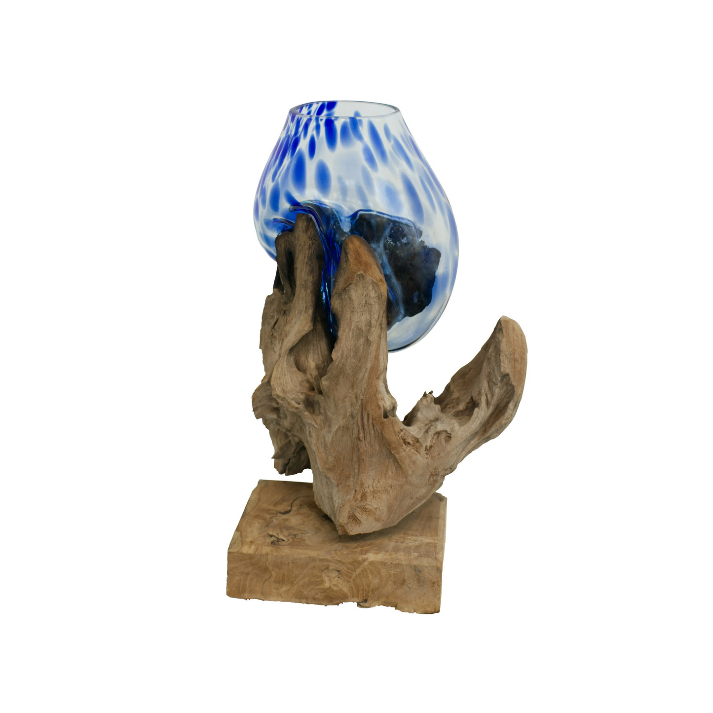 18" Standing Blue-Dotted Molten Glass on Teak Wood Sculpture