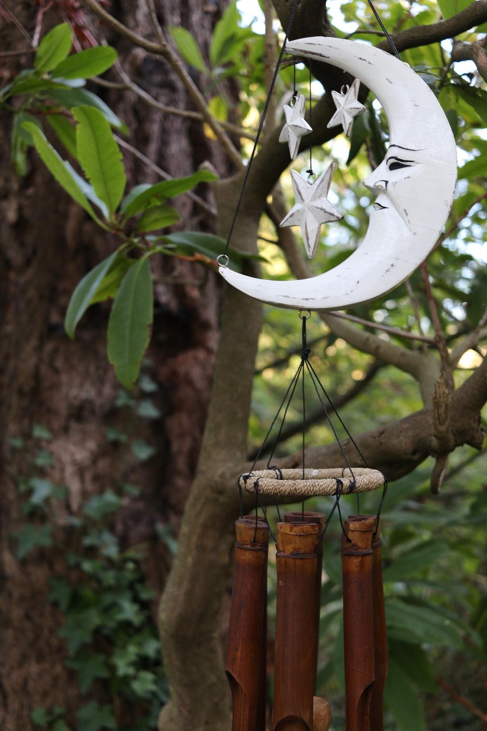 Distressed White Crescent Moon Bamboo Wind Chime